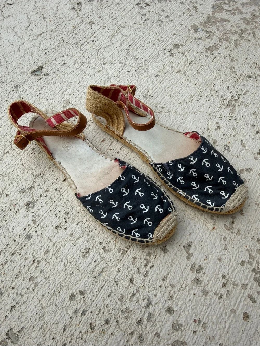 Sperry Black Anchor Print Espadrille Wedges with Red Stripe Ankle Strap
